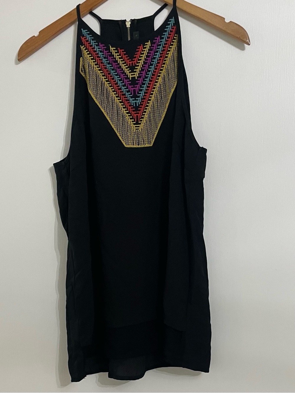 THML Black Halter Camisole with Multicolor Chevron Embroidery